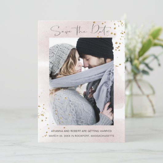 Blush Gold Wasserfarbe Minimalistisches Foto Save The Date (Stehend Vorderseite)