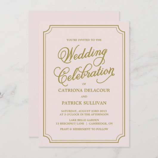 Blush & Gold Whimsical Script Einladung zur Hochze (Vorne/Hinten)