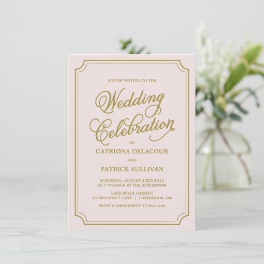 Blush & Gold Whimsical Script Einladung zur Hochze (Stehend Vorderseite)