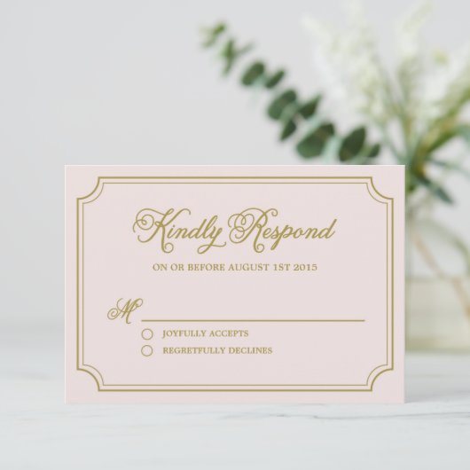 Blush & Gold Whimsical Script Wedding RSVP Card Karte (Stehend Vorderseite)
