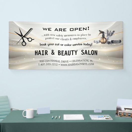 Blush & Gold Whiskschere Friseursalon Wiedereröffn Banner (Messe)