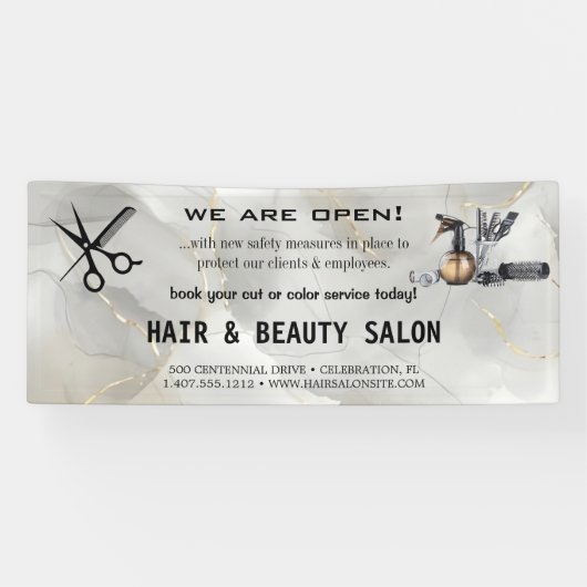 Blush & Gold Whiskschere Friseursalon Wiedereröffn Banner (Horizontal)