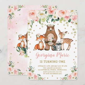 Blush Gold Woodland Tiere Giral Floral Geburtstag Einladung