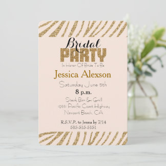 Blush Gold Zebra Print Imitats Glitzer Brautparty Einladung