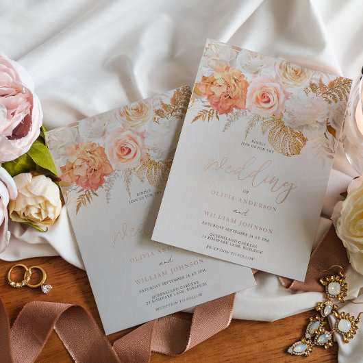 Blush & Golden Floral Wedding Rose Gold Folieneinladung