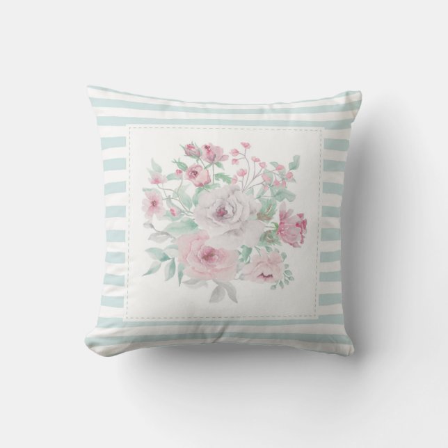 Blush Grau Mint Stripe Posie Kissen (Vorderseite)