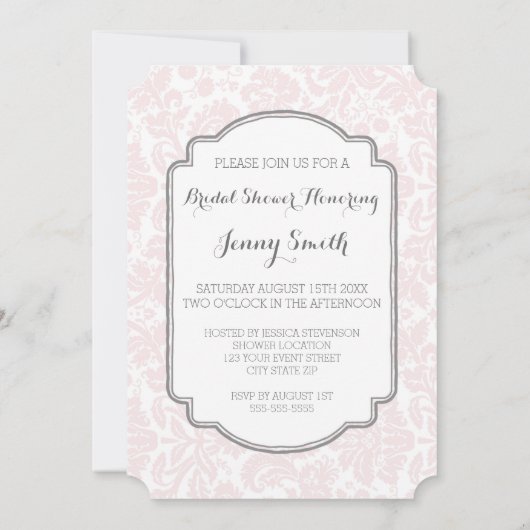 Blush Gray Damask Bridal Dusche Einladungskarten (Rückseite)