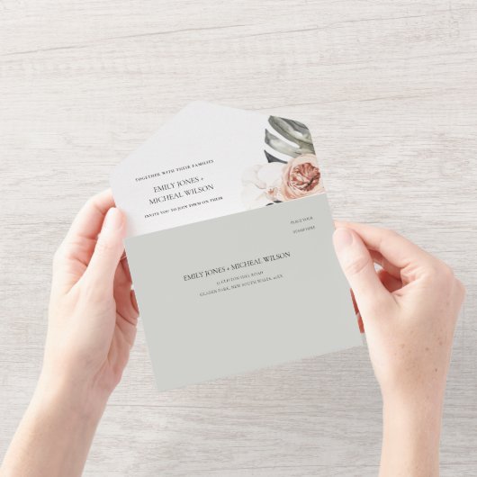 BLUSH GRAY PEACH FLORAL MONSTRERA LEAF WEDD ALL IN ONE EINLADUNG (Eröffnung)