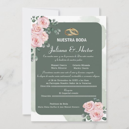 Blush Green Florals Wedding Einladung (Vorderseite)