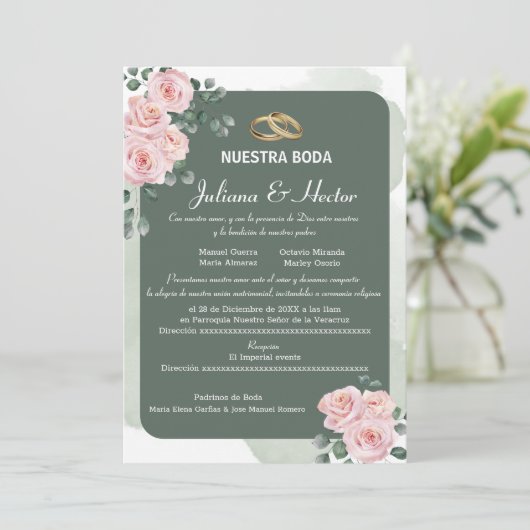 Blush Green Florals Wedding Einladung (Stehend Vorderseite)