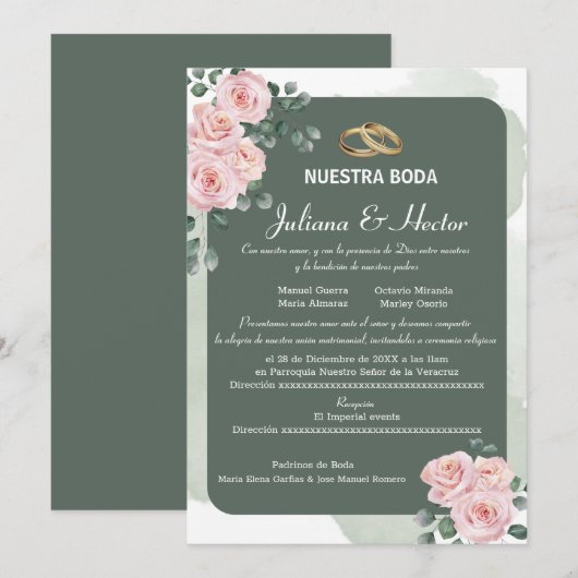 Blush Green Florals Wedding Einladung (Vorne/Hinten)