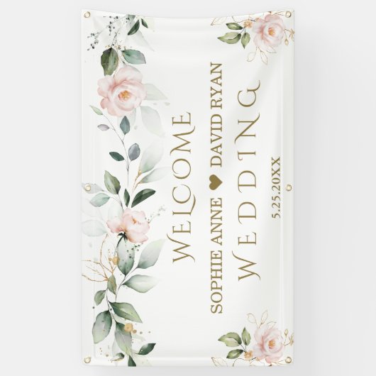 Blush Green Gold Leafy Hochzeit Begrüßungszeichen Banner (Vertikal)