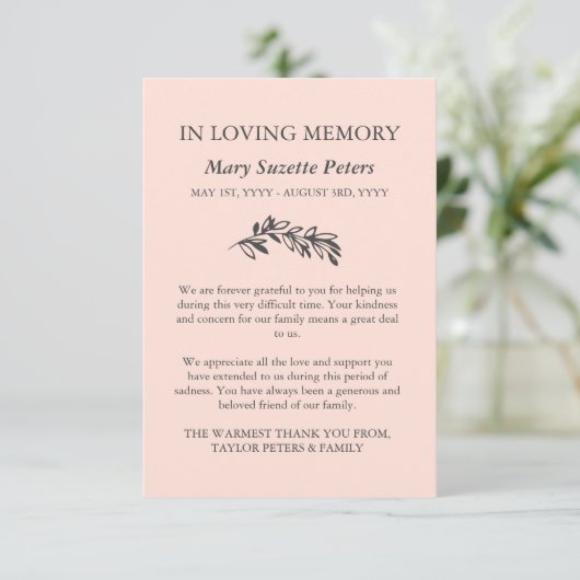 Blush Greenery Beileid mit Foto Vielen Dank Dankeskarte (Stehend Vorderseite)