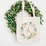 Blush Greenery Floral Wreath Bridesmaid Initial Tragetasche<br><div class="desc">Personalized tote bag design features a monogram initial framed by an elegant floral watercolor wreath that includes painted greenery with roses,  ranunculus flowers,  and leaves in neutral shades of white,  cream,  blush pink,  gold and green. Makes a great gift for your wedding party / bridesmaids!</div>