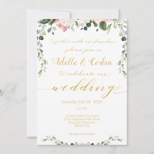 Blush Greenery & Gold Calligraphy Wedding Einladung (Vorderseite)