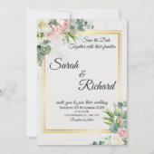 Blush Greenery Gold Frame Wedding Invitation Einladung (Vorderseite)
