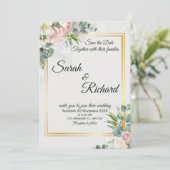 Blush Greenery Gold Frame Wedding Invitation Einladung (Stehend Vorderseite)