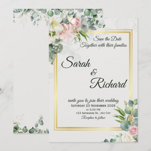 Blush Greenery Gold Frame Wedding Invitation Einladung (Vorne/Hinten)