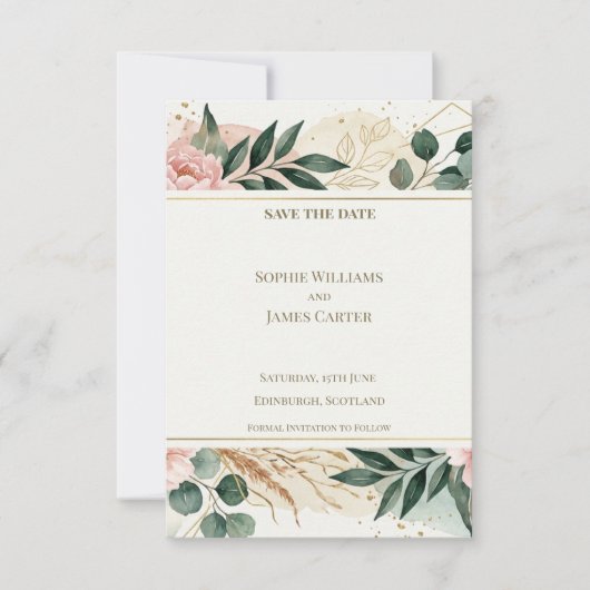 Blush Greenery Save The Date Karte (Vorderseite)