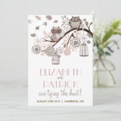 Blush & Grey Retro Owls Winter Wedding Einladung (Stehend Vorderseite)