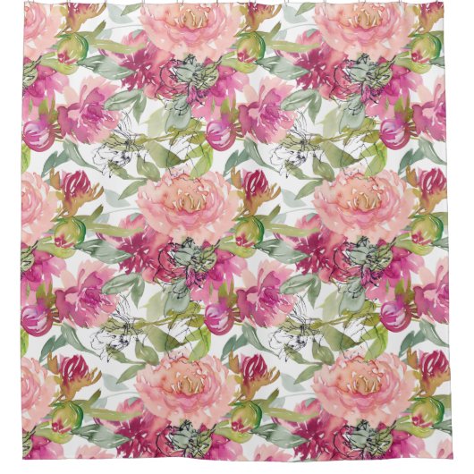 Blush Hellrosa Blumenmatte Grüne Blätter Weiß Duschvorhang (Vorderseite)