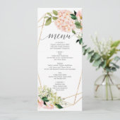 Blush Hydrangea Wedding Menu oder Brautparty Menu Einladung (Stehend Vorderseite)