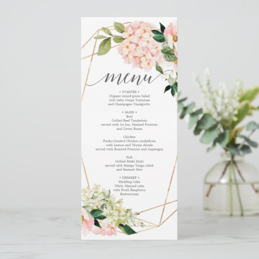 Blush Hydrangea Wedding Menu oder Brautparty Menu Einladung (Stehend Vorderseite)