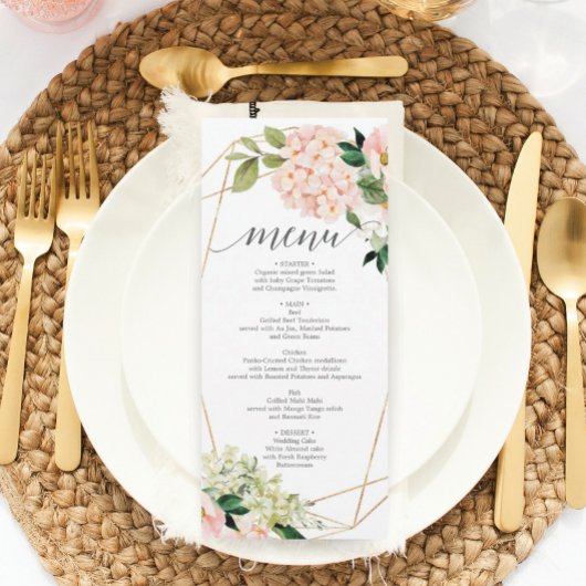 Blush Hydrangea Wedding Menu oder Brautparty Menu Einladung