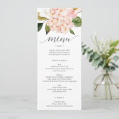 Blush Hydrangea Wedding Menu oder Brautparty Menu Einladung (Stehend Vorderseite)