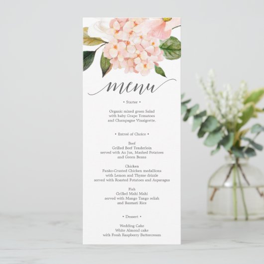 Blush Hydrangea Wedding Menu oder Brautparty Menu Einladung (Stehend Vorderseite)