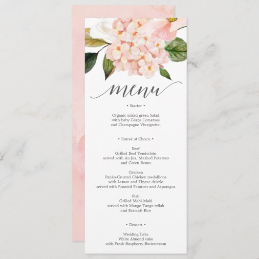 Blush Hydrangea Wedding Menu oder Brautparty Menu Einladung (Vorne/Hinten)