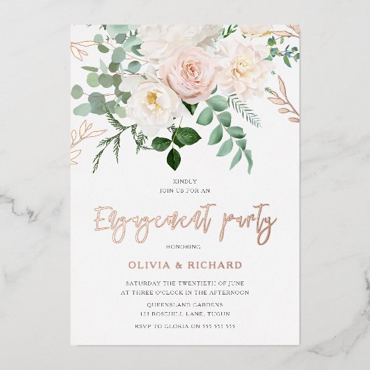 Blush & Ivory Blume Rose Gold Engagement Party Folieneinladung (Vorderseite)