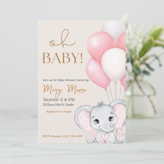 Blush Ivory Elephant Pink Balloons Babydusche Einladung (Stehend Vorderseite)