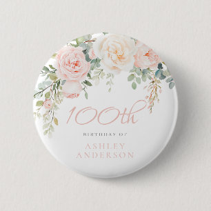 Blush & Ivory Floral 100. Geburtstagsparty Button