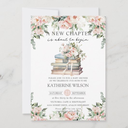 Blush Ivory Floral Books Neues Kapitel Babydusche Einladung (Vorderseite)