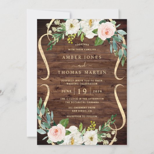 Blush Ivory Floral Pretty Rustic Wood Wedding Einladung (Vorderseite)