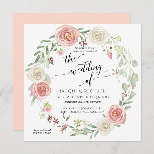 Blush Ivory Rose Wreath Foliage Hochzeit Wasserfar Einladung (Vorne/Hinten)