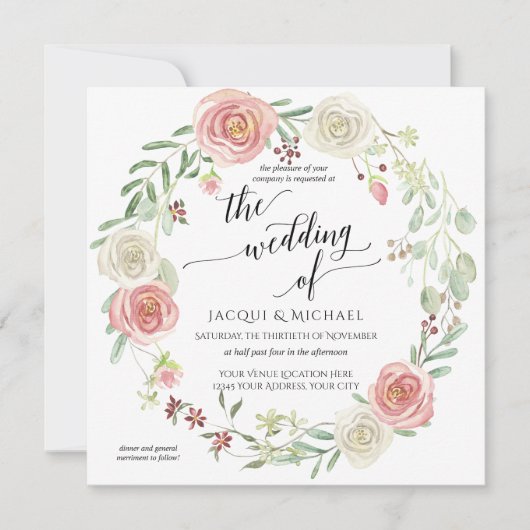 Blush Ivory Rose Wreath Foliage Hochzeit Wasserfar Einladung (Vorderseite)