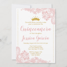 Blush Lace und Glitzer Gold Prinzessin Quinceñera Einladung