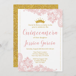 Blush Lace und Glitzer Gold Prinzessin Quinceñera Einladung