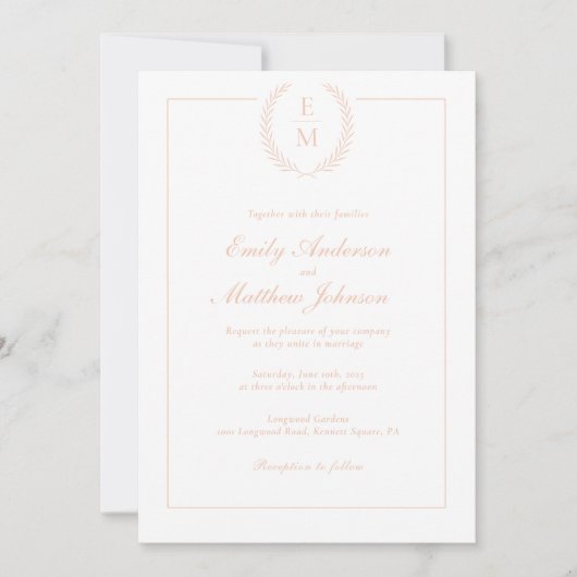 Blush Laurel Monogram Wedding Invitation QR Code Einladung (Vorderseite)