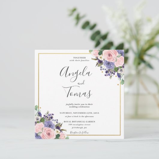 Blush Lavender Blumengrün Wedding Gold Square Einladung (Stehend Vorderseite)