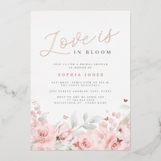 Blush Liebe ist in Bloom Rose Gold Brautparty Folieneinladung (Vorderseite)