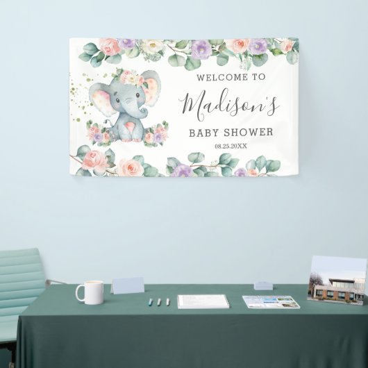 Blush Lila Floral Elephant Babydusche Willkommen Banner (Messeveranstaltung)