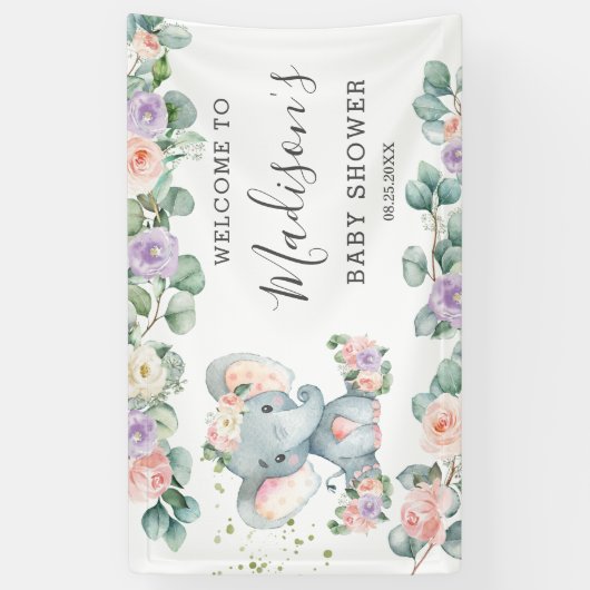 Blush Lila Floral Elephant Babydusche Willkommen Banner (Vertikal)