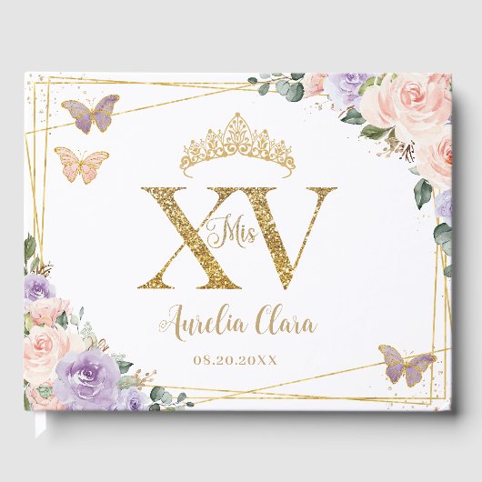Blush Lila Lilac Floral Gold Quinceañera XV Gästebuch (Vorderseite)