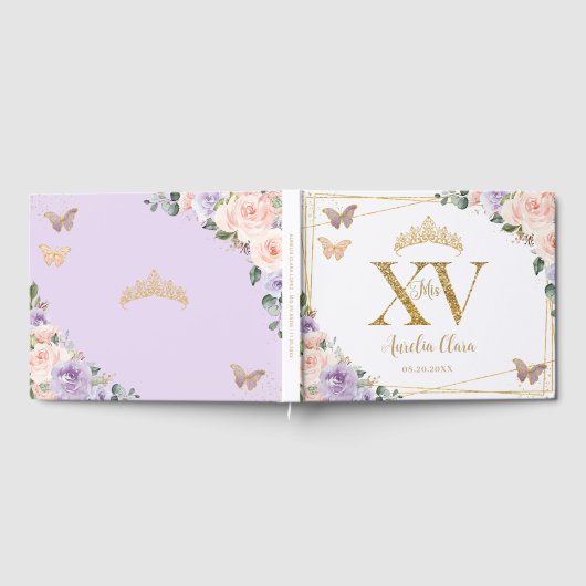 Blush Lila Lilac Floral Gold Quinceañera XV Gästebuch (Voll)