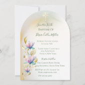 Blush & Lilac Bloral, Gold Cross Taufen Einladung (Vorderseite)