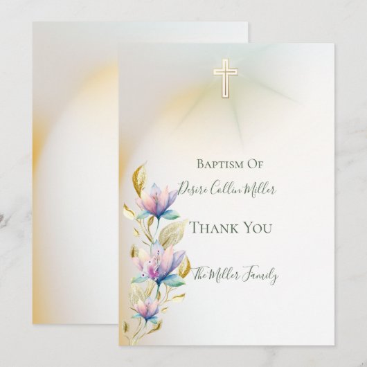 Blush & Lilac Bloral, Gold Cross Taufen Einladung (Vorne/Hinten)