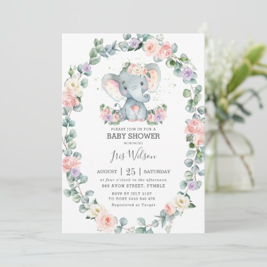 Blush Lilac Blumengrün Elephant Babydusche Einladung (Stehend Vorderseite)